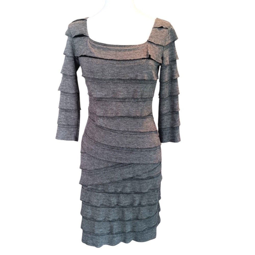 Max Studio Tiered Ruffle Dress Womens Size S Gray Square Neck 3/4 Sleeve Knit